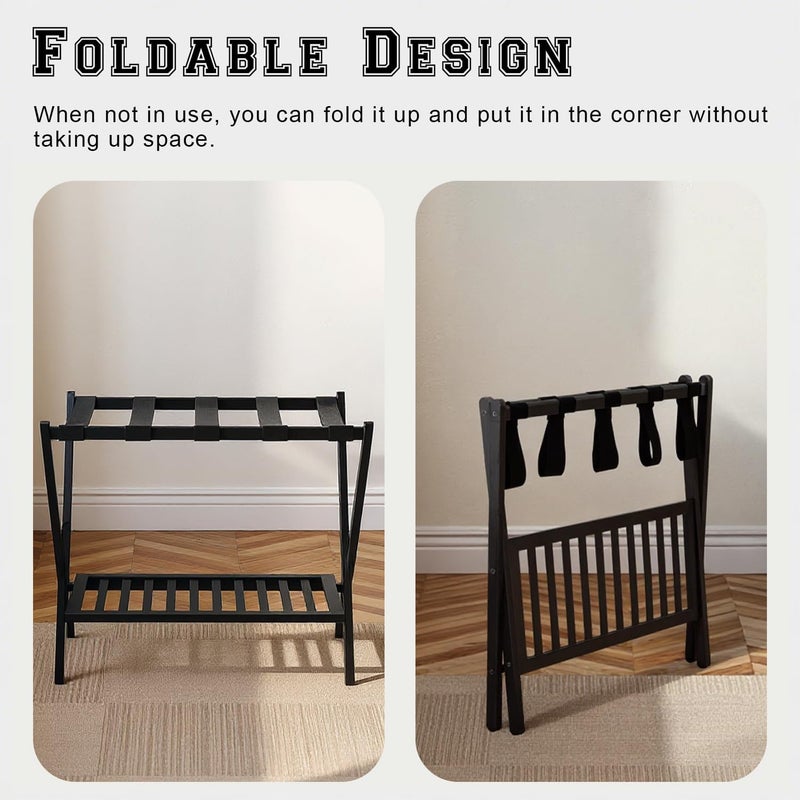 GAOHAPY Bamboo Luggage Rack with Shoe Shelf Folding Suitcase Stand with 5 Heavy-Duty Straps for Guest Room Living Room Hotel Ideal Luggage Holder for Suitcases Bags Shoes,Black - Image 3